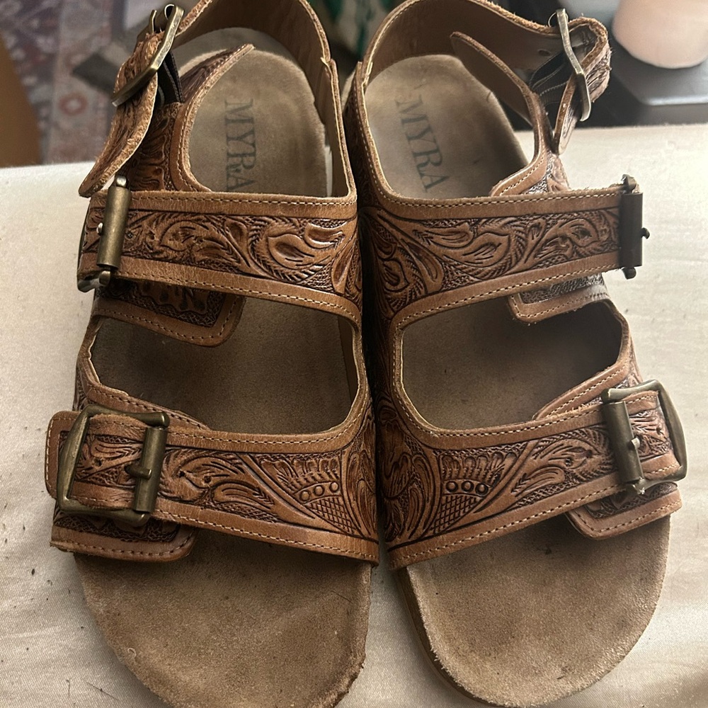 Myra Tan Leather Sandals with Embossed Design